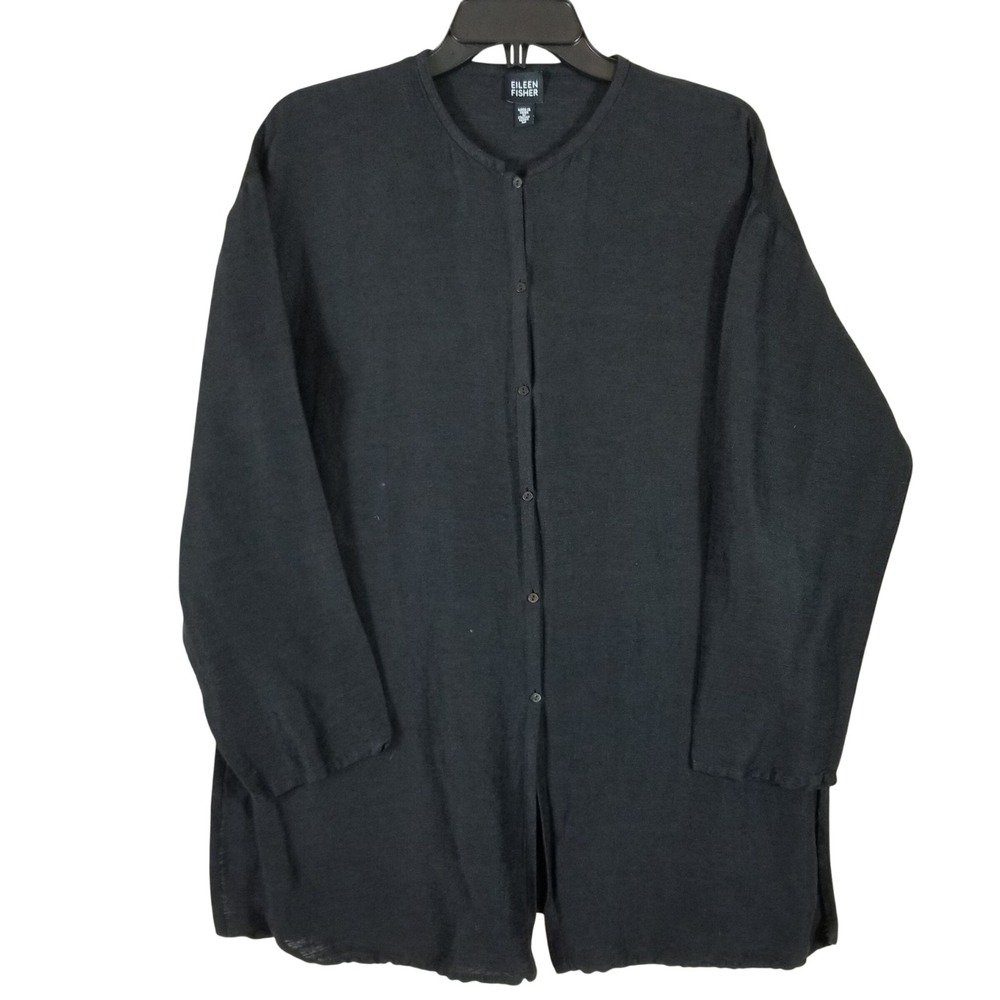 Eileen Fisher Black Linen Cotton Button Front Longline Cardigan Sweater Medium